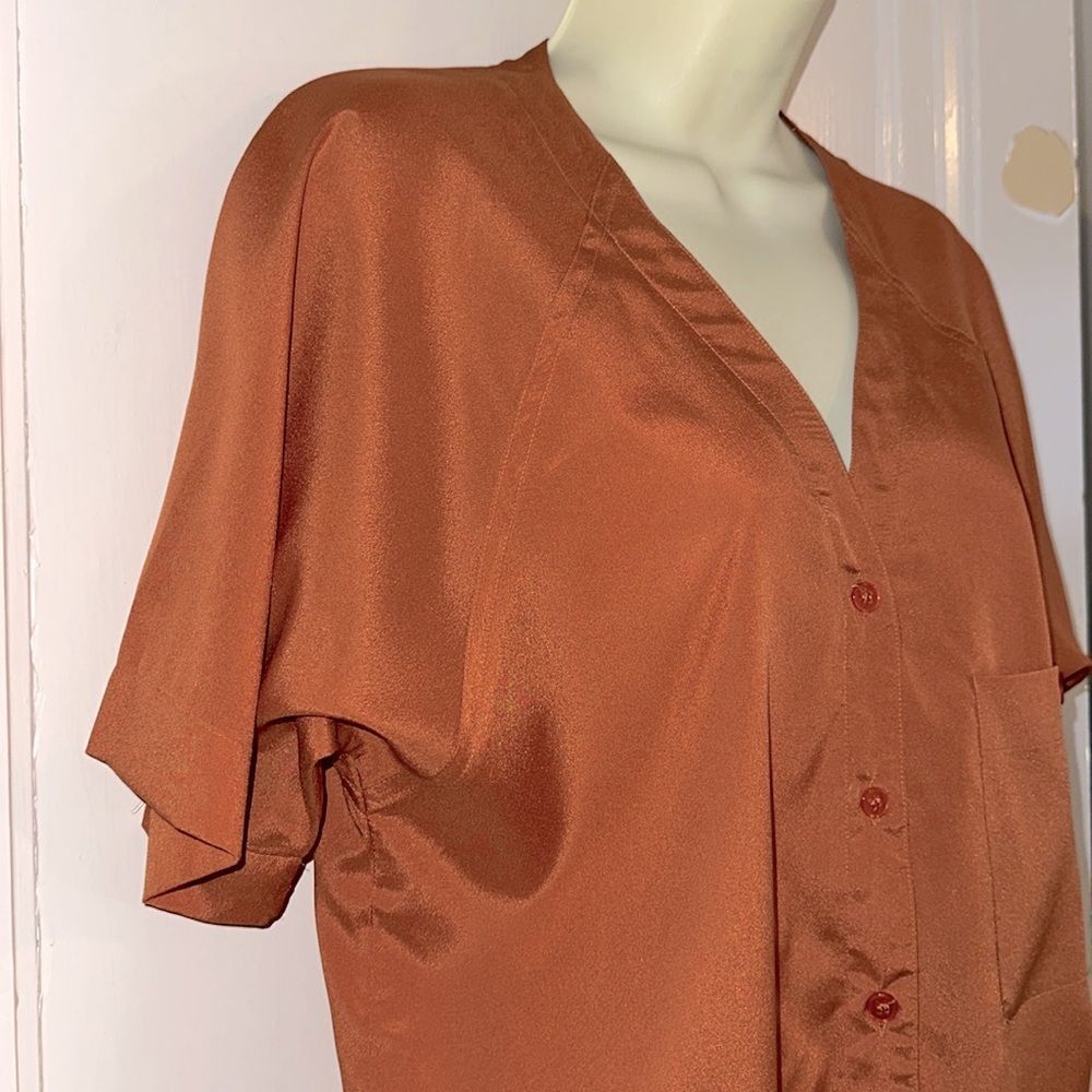 Vintage 70s/80s Irka Rust Orange Polyester Button-Up Short Sleeve Shirt - Picture 5 of 8